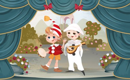 Pinocchio, Malvina, theater, Golden key, background, fairy city, fairy tale, Golden key, vector, illustration, children, illustration for children