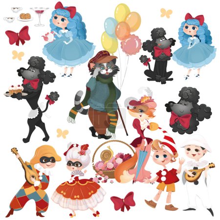 characters, heroes, Golden key, Pinocchio, Malvina, Piero, Artemon, Basilio, Alice, harlequin, Columbine, for design, for children's room, children's design, for books, stickers, stickers, for clothes, for toys, vector, illustration children