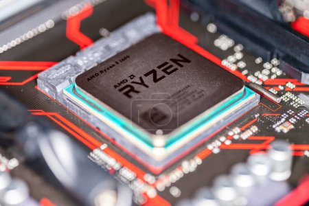 AMD Ryzen processor chip on an Asus prime 350 plus mainboard.