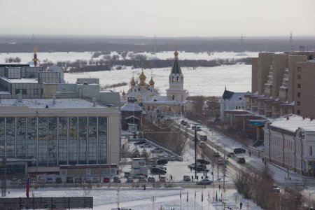 Yakutsk, Russia- March 14, 2019: Urban landscape.Top view of the winter city.