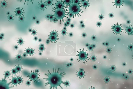 3D rendering, light green coronavirus cells covid-19 influenza flowing on abstract green background with white cells as dangerous flu strain cases as a pandemic medical health risk concept of disease cells risk 