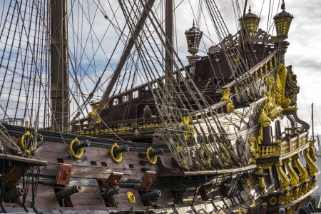 GENOA, ITALY - MARCH 9, 2018: Galleon Neptun in Porto antico in Genoa, Italy. It is a ship replica of a 17th century Spanish galleon built in 1985 for Roman Polanski's film Pirates.