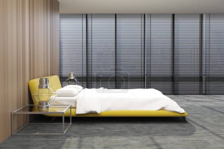 Loft bedroom interior, shades, yellow bed side