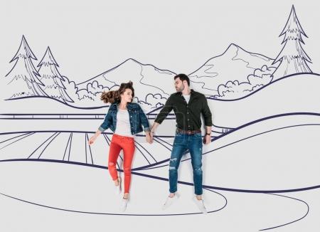 creative hand drawn collage with couple walking by beautiful landscape