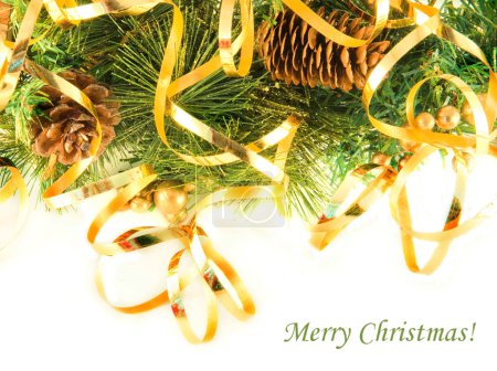 Christmas card. Branch of a fur-tree and fir cones on a white background