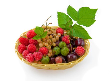 Basket with a raspberry, a cherry and a gooseberry,
