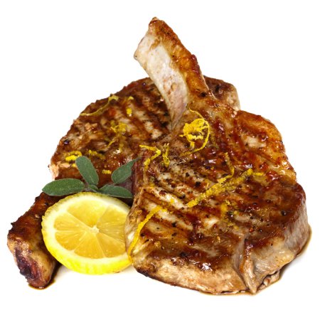 Grilled Pork Chops with Sage and Lemon over white