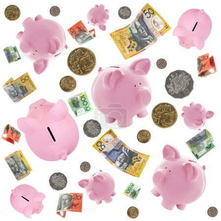 Piggy Banks and Australian Money Falling over White
