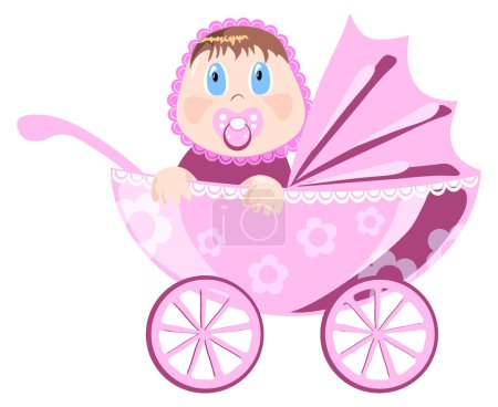 Vector illustration of baby in pink wear sitting in carriage