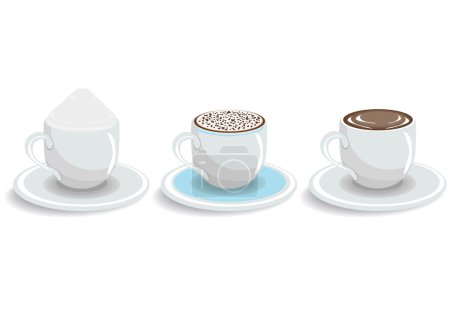 Three cups of espresso, cappuccino and coffee with cream