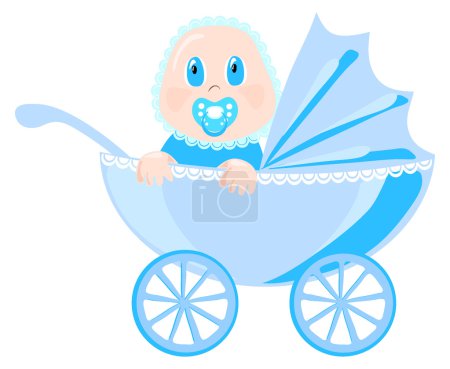 Baby in blue wear sits in pram, vector illustration