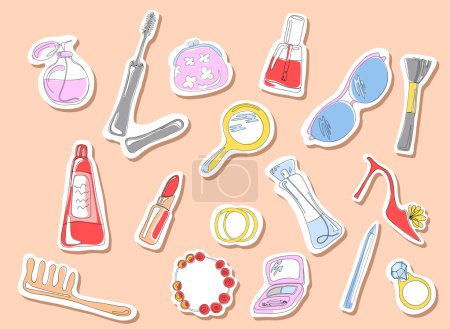 Vector illustration of beauty stickers on a pink background