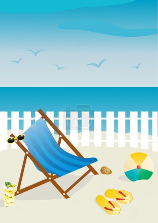 Beach chair with sunglasses and ball, flip-flops, cocktail on sand