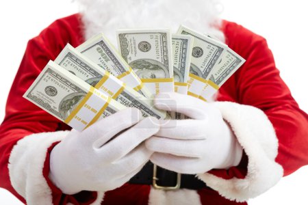Photo of happy Santa Claus with dollar bills