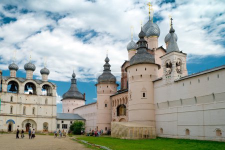 Unidentified tourists walk along the Kremlin of Rostov the Great, Russia