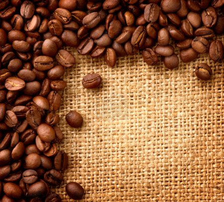 Coffee Border design. Beans over Burlap Background